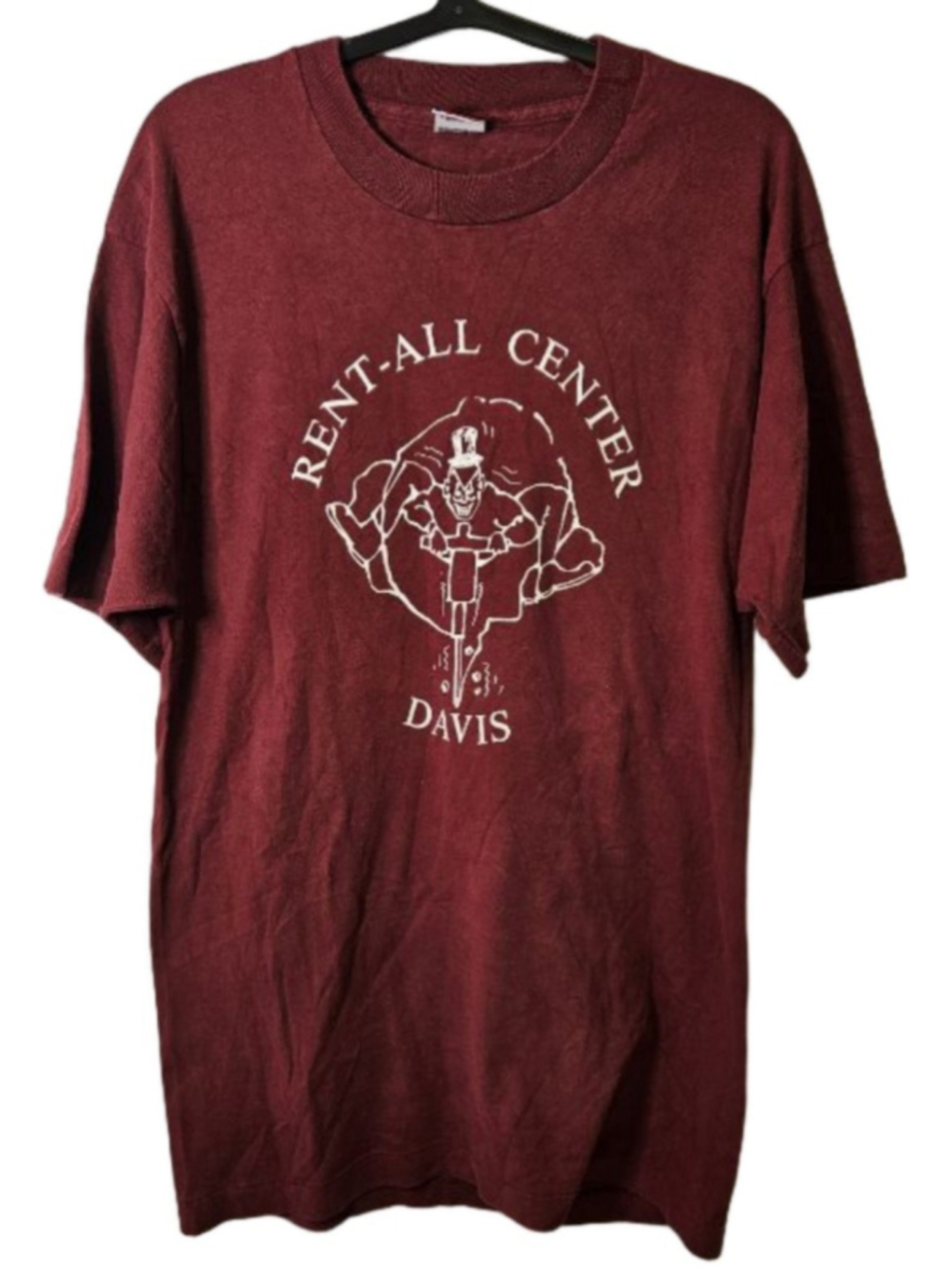 Vintage 90s Rent-All Center Davis T-Shirt Large Made USA Fruit of the Loom Singl